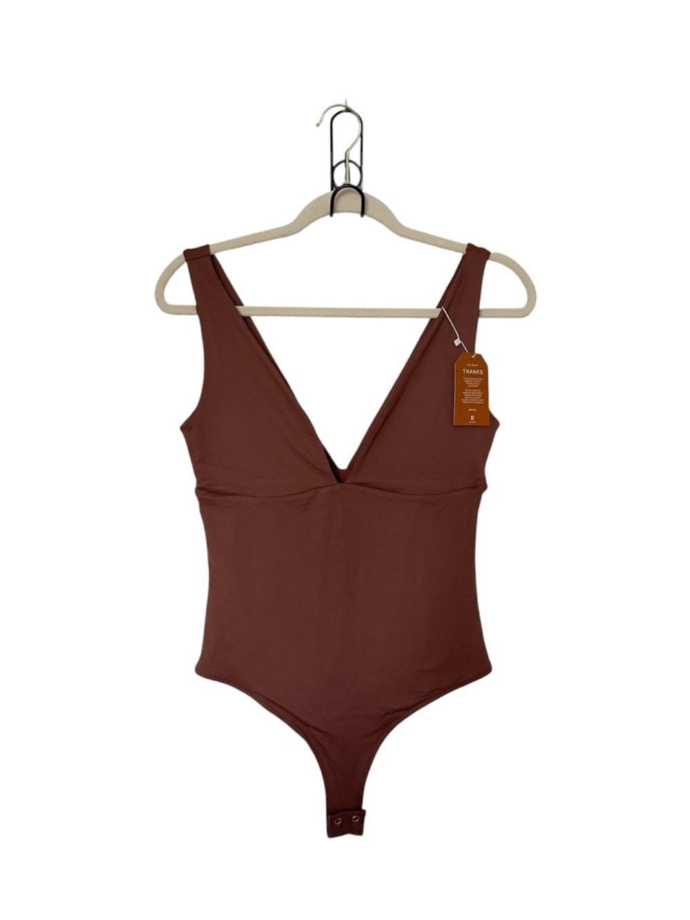 Reoria Medium Mocha Brown Plunge Neckine Minimalist Bodysuit Capsule Wardrobe